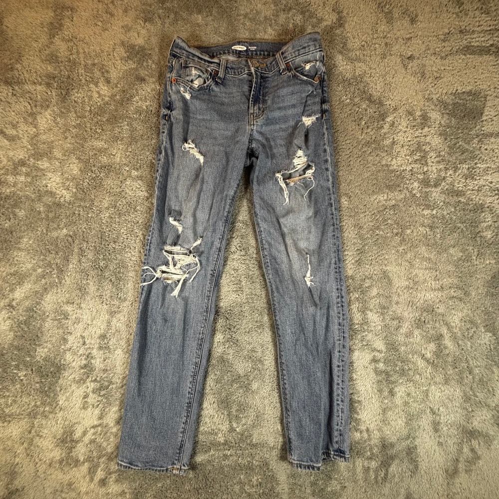Old Navy Boyfriend Mid-Rise Distressed Straight Leg Jeans Medium Wash Blue 29x26